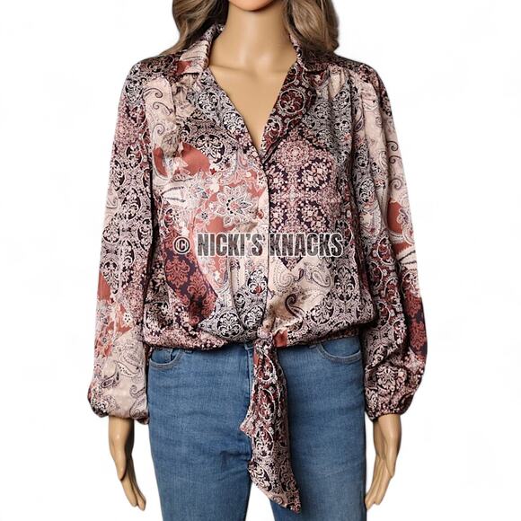 Eclair Satin Western Paisley Print Puff Sleeve Tie Front Blouse Plum Size S - Picture 2 of 10